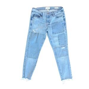 FRAME Le Garçon Women’s Blue Skinny Patchwork Jeans Raw Hem